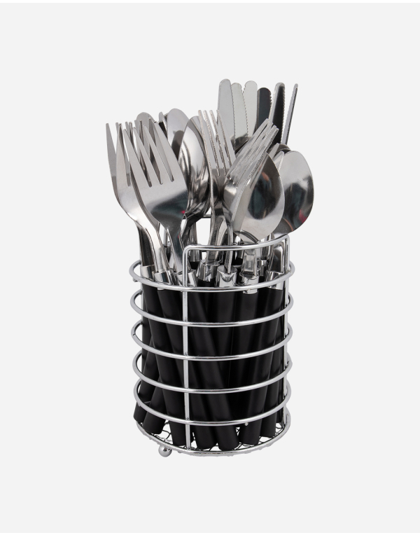 Cubertería - Cesta - 24 Piezas - 6 Personas - Negro