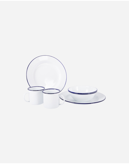 Servies - Emaille - 6 Stuks - Wit/Blauw